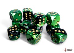 Gemini Black-Green/gold 16mm d6 Dice Block (12 dice) - CHX26639